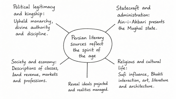 Persian literary sources of medieval India reflect the spirit of the age. Comment. (UPSC 2020)