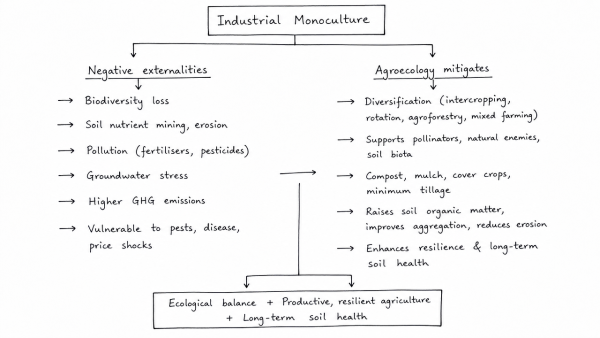 Point out the negative externalities of industrial monoculture. How can agroecology mitigate these ecological crises while ensuring long-term soil health? Critically discuss.