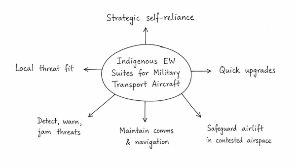 Point out why indigenous Electronic Warfare Suites are critical for modern military transport platforms. How do they safeguard tactical airlift operations in highly contested border airspaces?