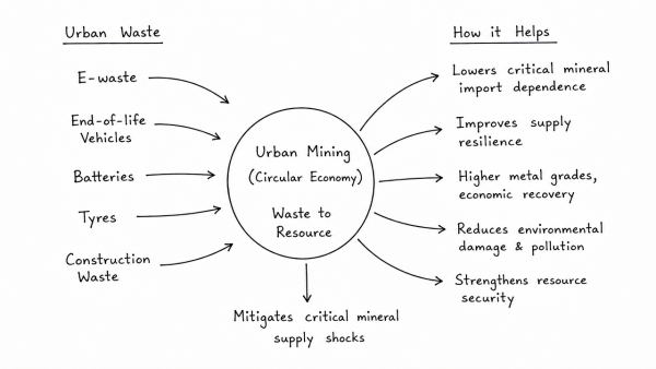 Taking the example of circular economy, discuss how ‘Urban Mining’ can mitigate critical mineral supply shocks. Why has recycling failed to scale up in India?