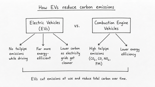 The adoption of electric vehicles is rapidly growing worldwide. How do electric vehicles contribute to reducing carbon emissions and what are the key benefits they offer compared to traditional combustion engine vehicles? (UPSC 2023)