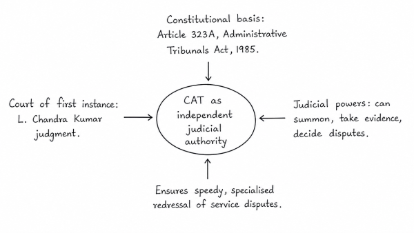 “The Central Administrative Tribunal which was established for redressal of grievances and complaints by or against central government employees nowadays is exercising its powers as an independent judicial authority.” Explain. (UPSC 2019)