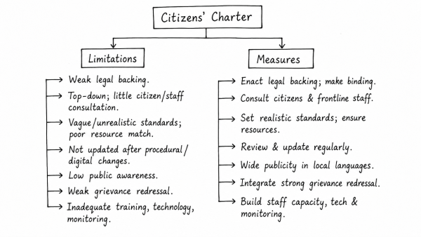 The Citizens’ Charter is an ideal instrument of organizational transparency and accountability, but it has its own limitations. Identify the limitations and suggest measures for greater effectiveness of the Citizens’ Charter. (UPSC 2018)