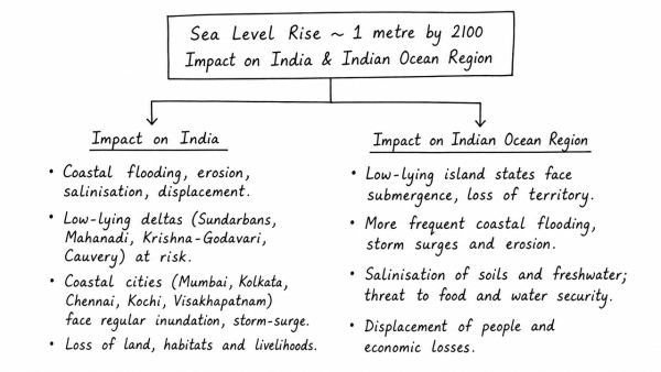 The Intergovernmental Panel on Climate Change (IPCC) has predicted a global sea level rise of about one metre by AD 2100. What would be its impact in India and the other countries in the Indian Ocean region? (UPSC 2023)