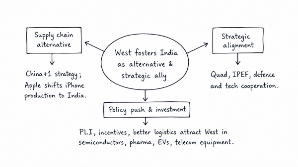 “The West is fostering India as an alternative to reduce dependence on China’s supply chain and as a strategic ally to counter China’s political and economic dominance.” Explain this statement with examples. (UPSC 2024)