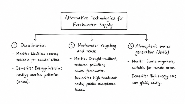 The world is facing an acute shortage of clean and safe freshwater. What are the alternative technologies which can solve this crisis? Briefly discuss any three such technologies citing their key merits and demerits. (UPSC 2024)