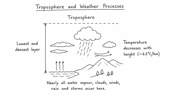 Troposphere is a very significant atmospheric layer that determines weather processes. How? (UPSC 2022)