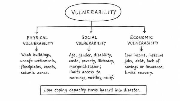 Vulnerability is an essential element for defining disaster impacts and its threat to people. How and in what ways can vulnerability to disasters be characterized? Discuss different types of vulnerability with reference to disasters. (UPSC 2019)