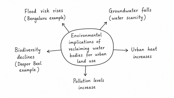 What are the environmental implications of the reclamation of the water bodies into urban land use? Explain with examples. (UPSC 2021)