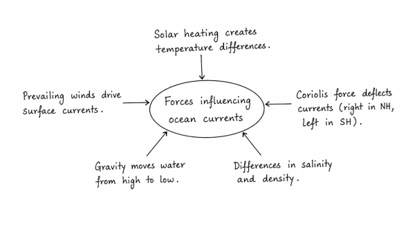 What are the forces that influence ocean currents? Describe their role in fishing industry of the world. (UPSC 2022)