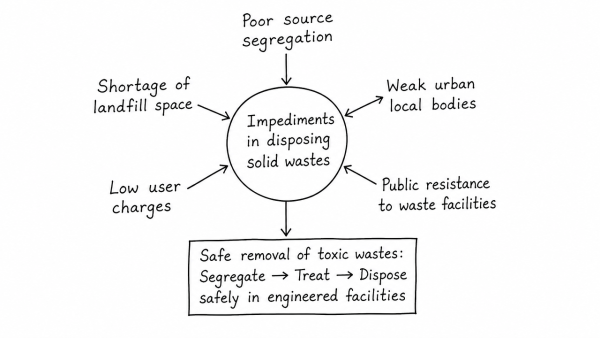 What are the impediments in disposing the huge quantities of discarded solid wastes which are continuously being generated? How do we remove safely the toxic wastes that have been accumulating in our habitable environment? (UPSC 2018)