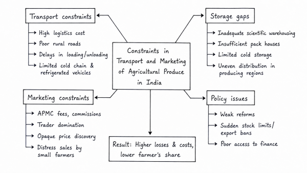What are the main constraints in transport and marketing of agricultural produce in India? (UPSC 2020)