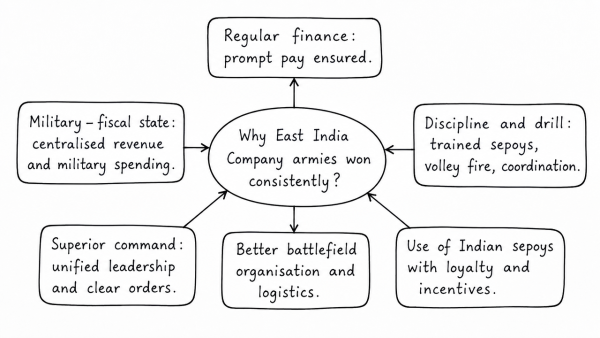 Why did the armies of the British East India Company – mostly comprising Indian soldiers – win consistently against the more numerous and better equipped armies of the Indian rulers? Give reasons. (UPSC 2022)