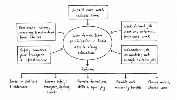Why does India continue to face low female labor force participation despite rising education levels? Critically discuss the structural reforms needed to achieve gender parity.