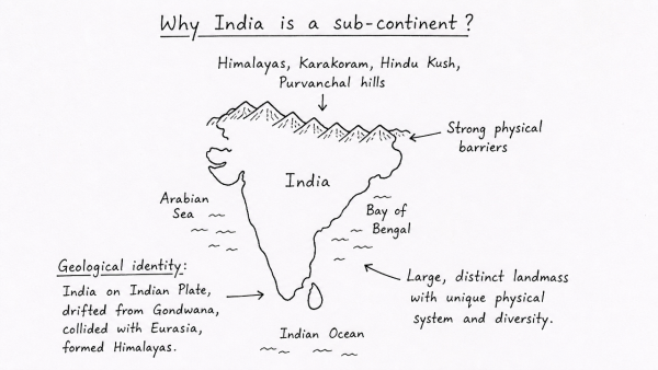 Why is India considered as a sub-continent? Elaborate your answer. (UPSC 2021)