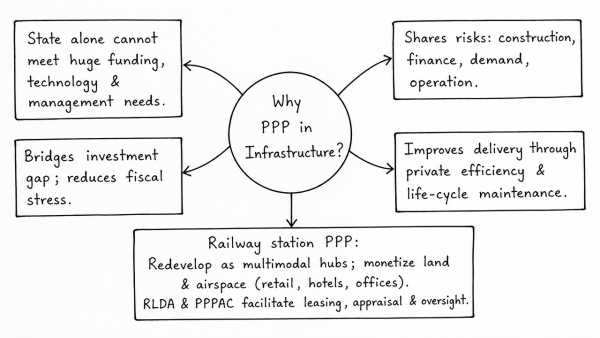 Why is Public Private Partnership (PPP) required in infrastructural projects? Examine the role of PPP model in the redevelopment of Railway Stations in India. (UPSC 2022)