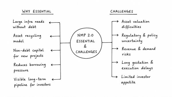 Why is the National Monetisation Pipeline (NMP 2.0) considered essential for mobilizing non-debt public capital in India? Critically discuss its challenges in attracting private investment.