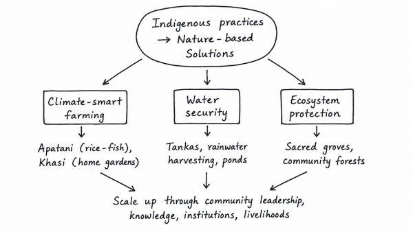 With suitable examples, discuss how traditional climate-adaptive practices of indigenous tribes can be scaled up to design robust, community-led nature-based solutions for climate resilience.