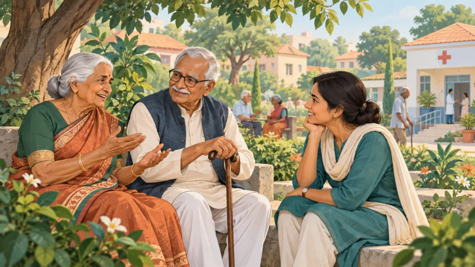 Older Indian adults with a younger community member in a garden