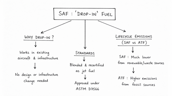 Explain why Sustainable Aviation Fuel (SAF) is categorized as a ‘drop-in’ fuel. How does its lifecycle emission profile differ from conventional ATF?